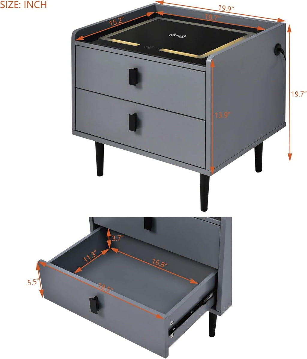 1 Pack Nightstand with Wireless Charging Station and LED Lights Grey Z3765