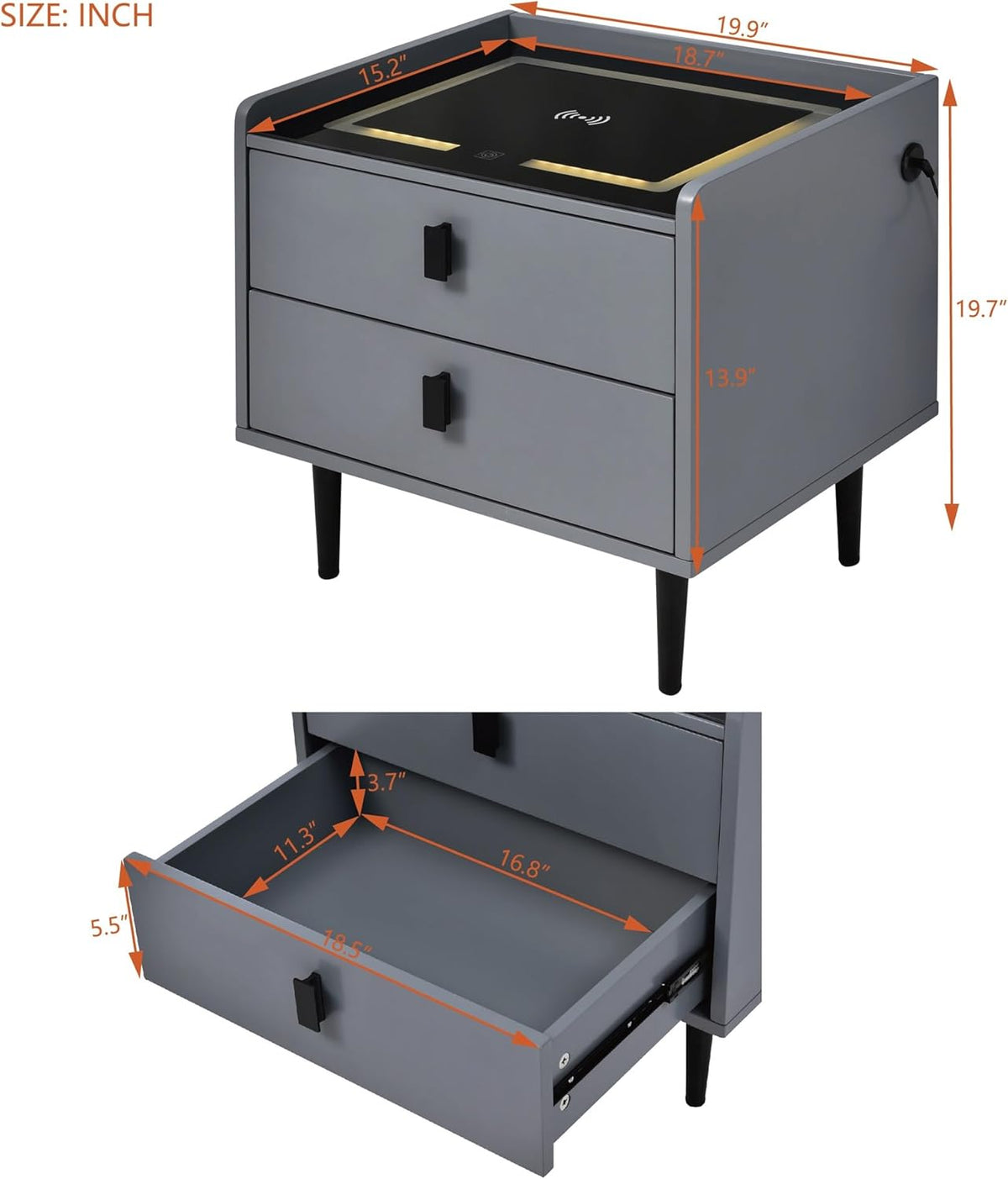 1 Pack Nightstand with Wireless Charging Station and LED Lights Grey Z3765