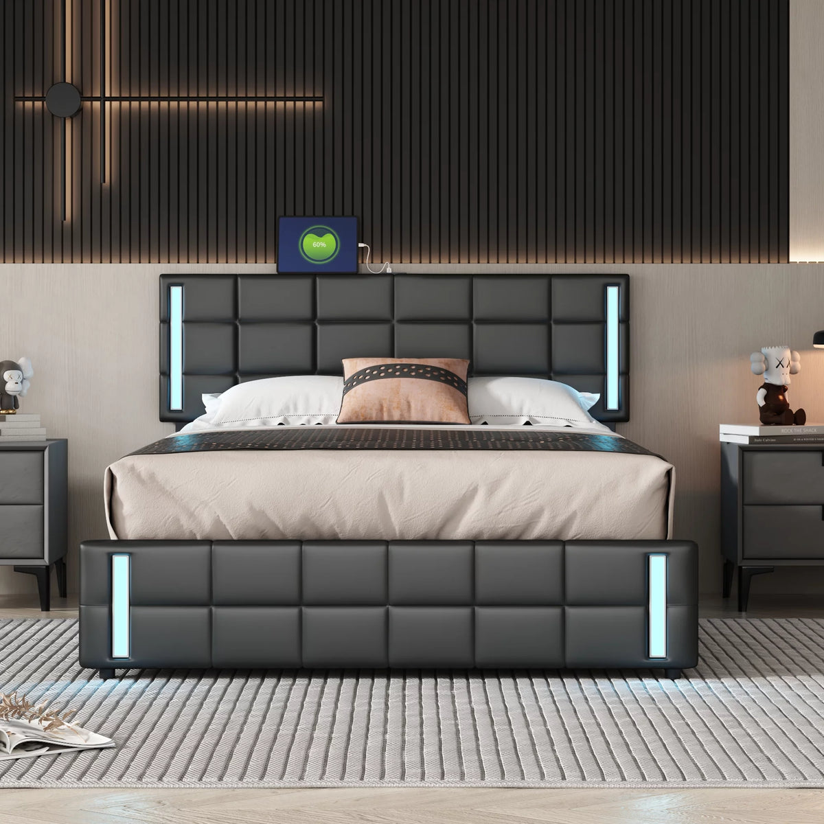 Queen Size Upholstered Platform Bed with LED Lights and USB Charging, Storage Bed with 4 Drawers, Black P742