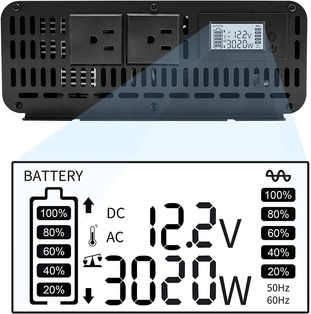 3000W Pure Sine Wave Power Inverter 12V DC to 110V AC Dual AC Outlets LED Display U73143