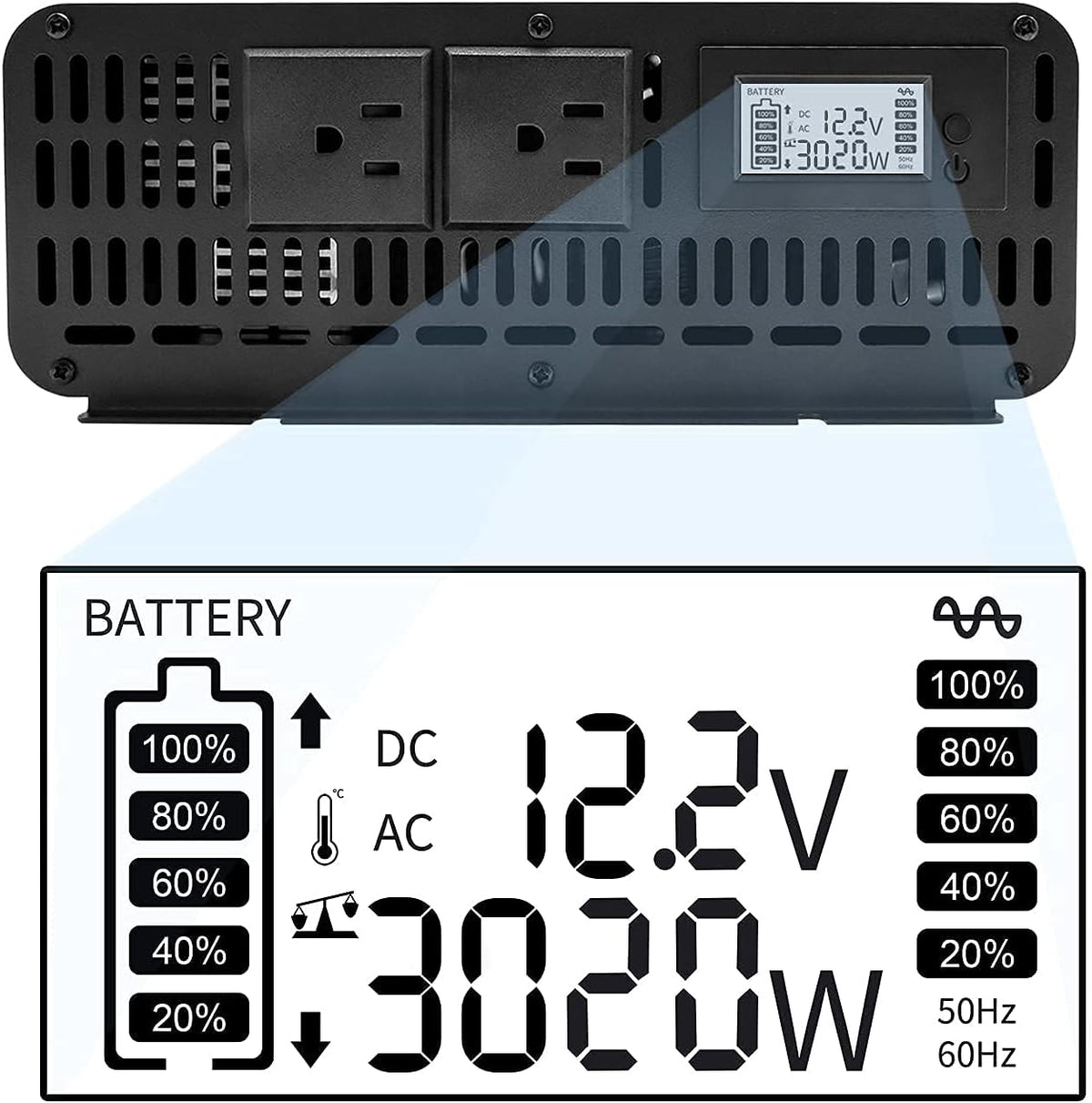 3000W Pure Sine Wave Power Inverter 12V DC to 110V AC Dual AC Outlets LED Display U73143