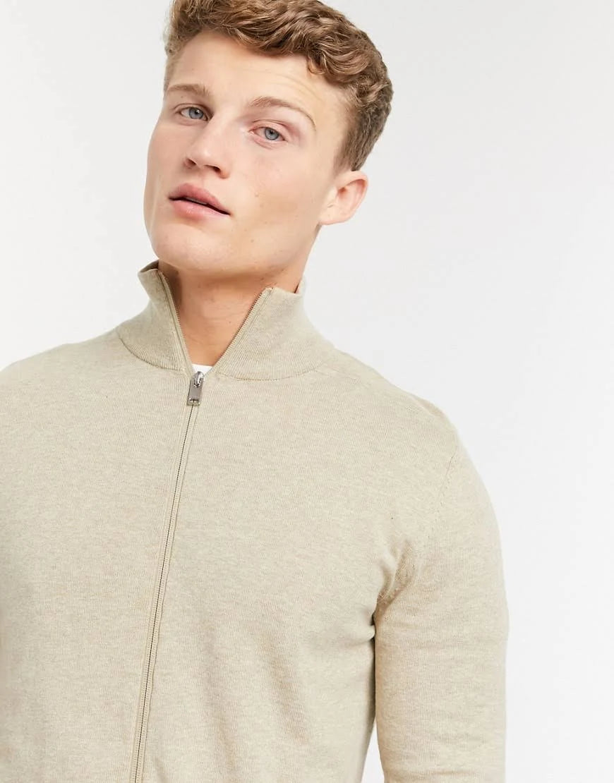 Beige Zip Up Knit Cardigan J52911