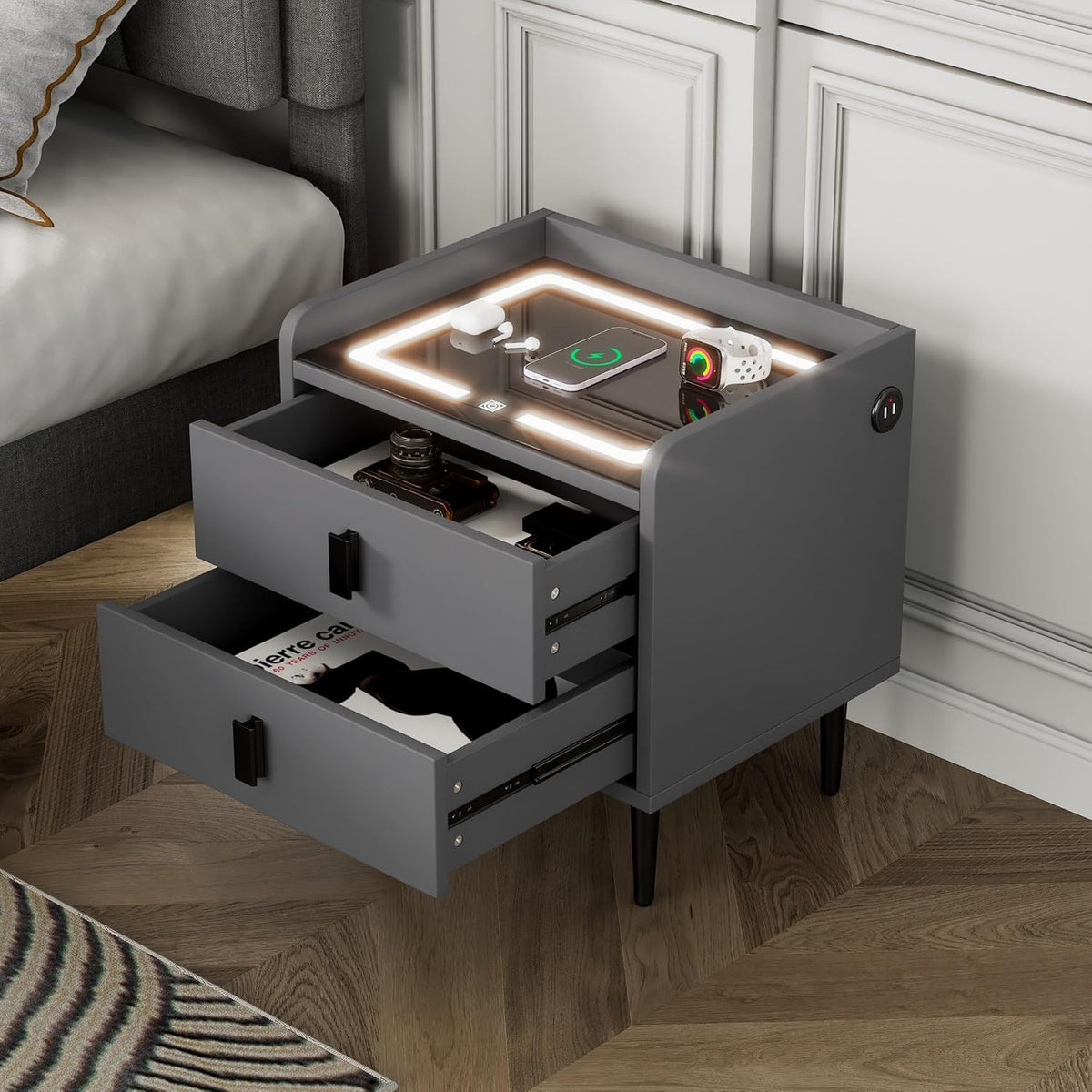 1 Pack Nightstand with Wireless Charging Station and LED Lights Grey Z3765