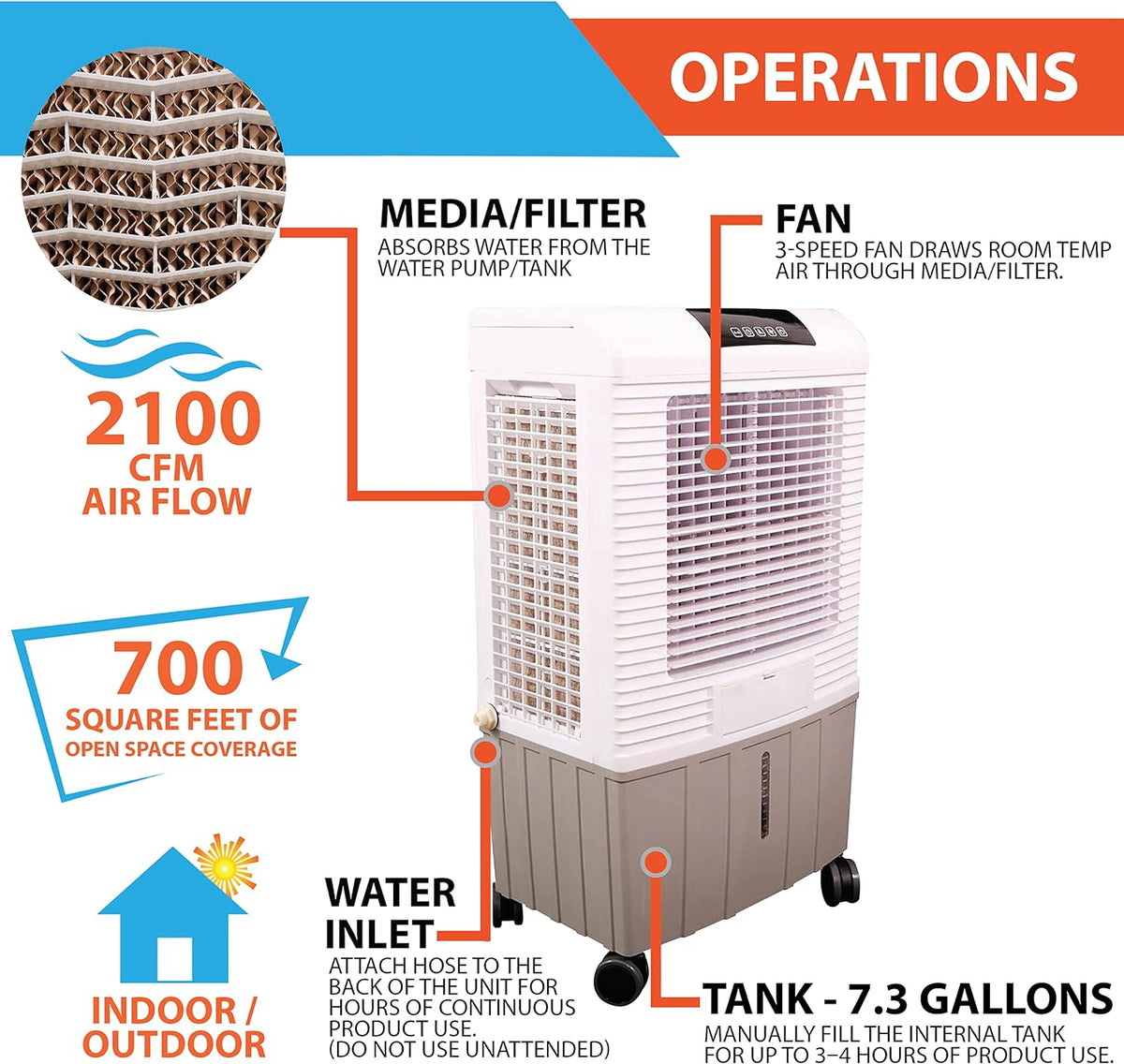Portable Evaporative Cooler, 2100 Cubic FPM, White T22475