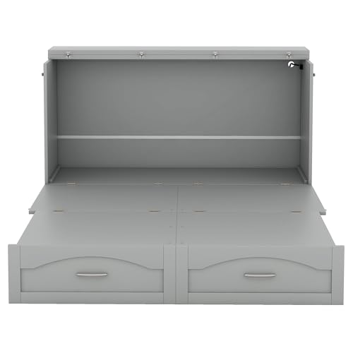 Queen Grey Solid Wood Murphy Bed with Drawer H19666