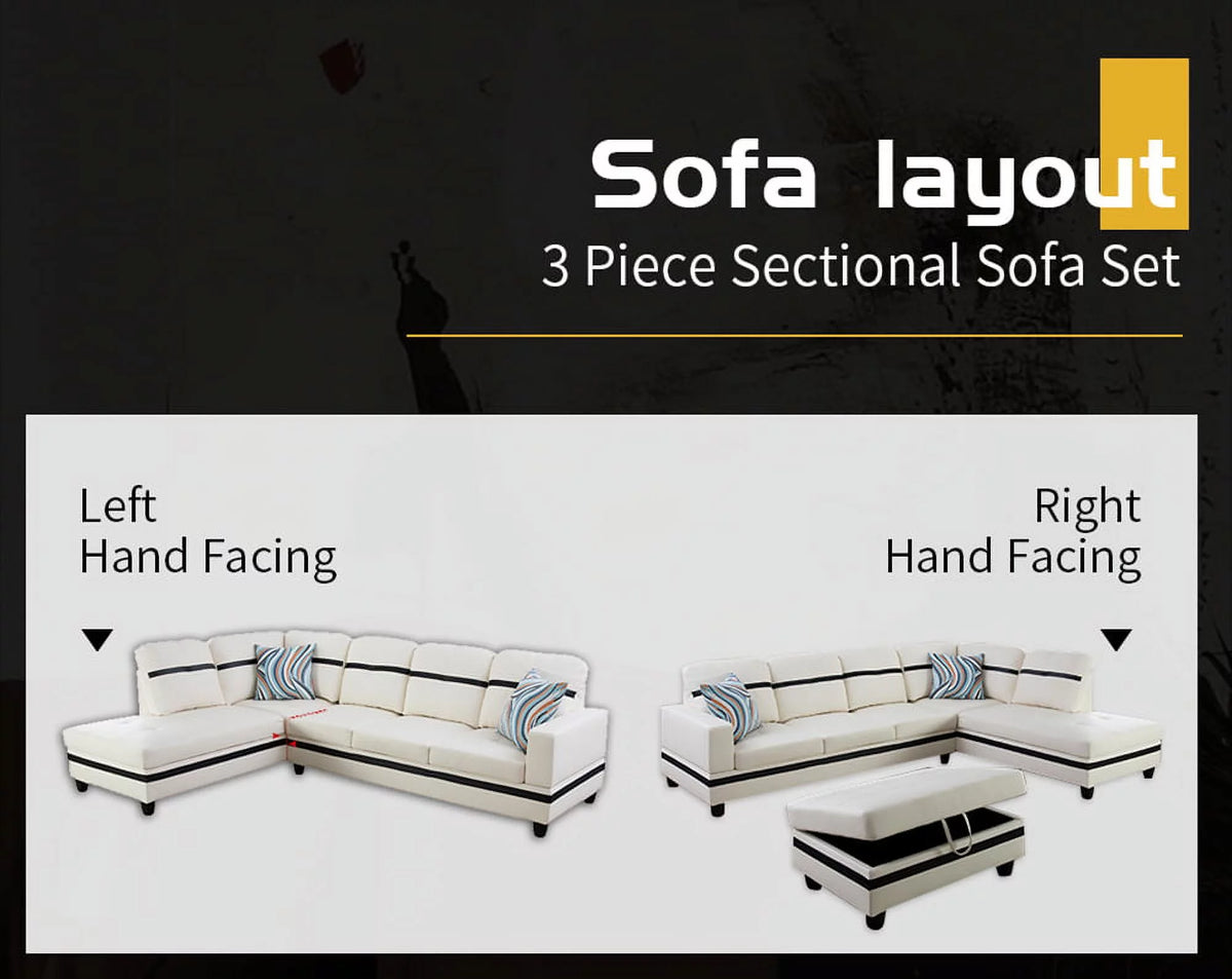 White Faux Leather Left Hand Facing Sofa & Chaise with Ottoman Z666172