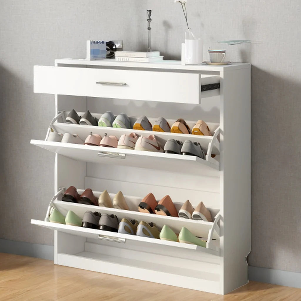 Slim Entryway Organizer with 2 Flip Drawers, Tempered Glass Top Shoe Storage Cabinet with Drawer, Free Standing Shoe Rack with LED Light (white) Z689