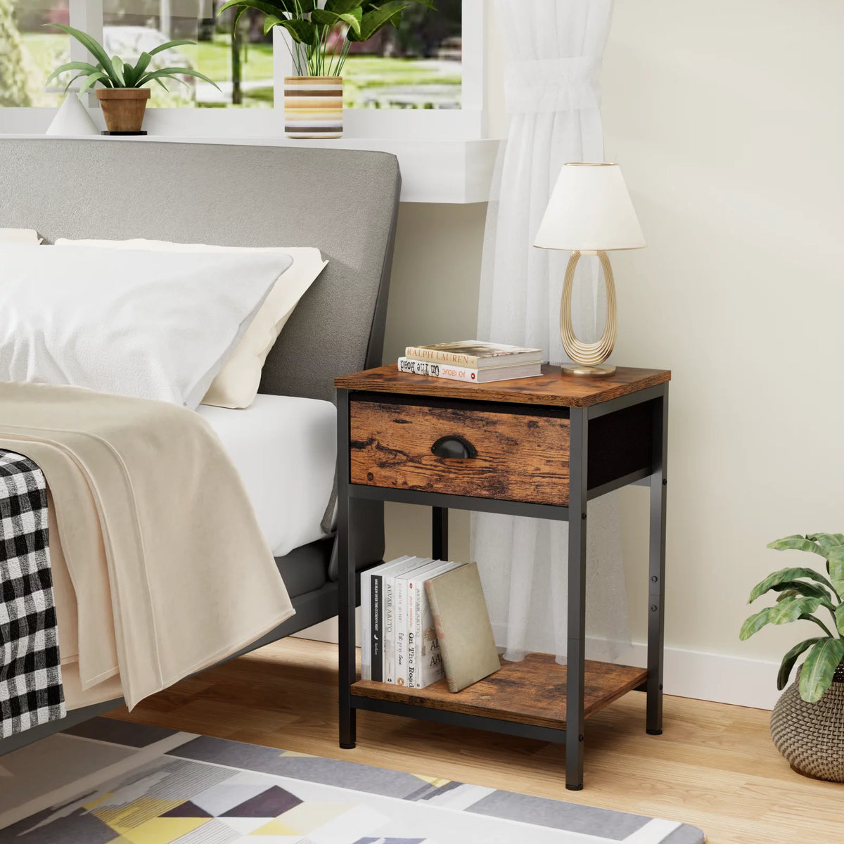 Set of 2 Nightstands with Fabric Drawer and Storage Shelf I581734