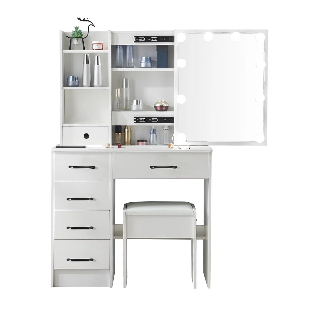 White Vanity Table with Lighted Mirror and Stool T2249