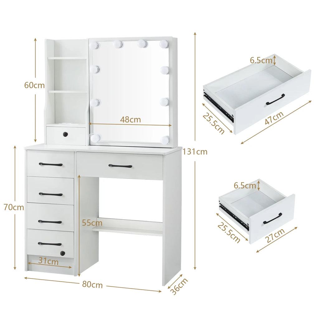 White Vanity Table with Lighted Mirror and Stool T2249