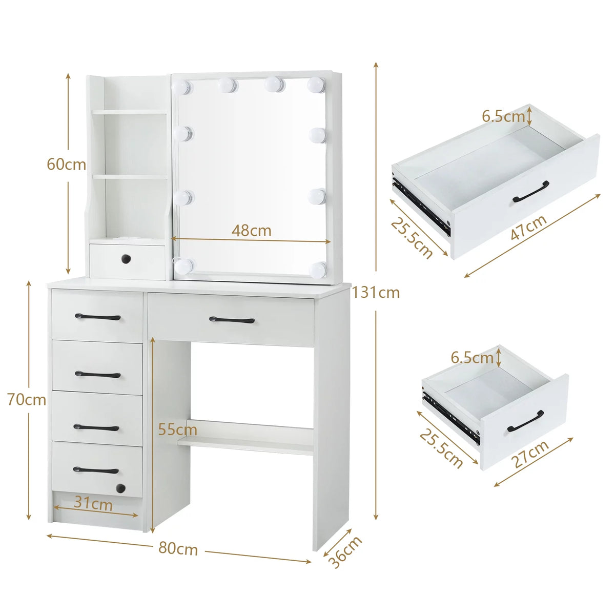 White Vanity Table with Lighted Mirror and Stool T2249