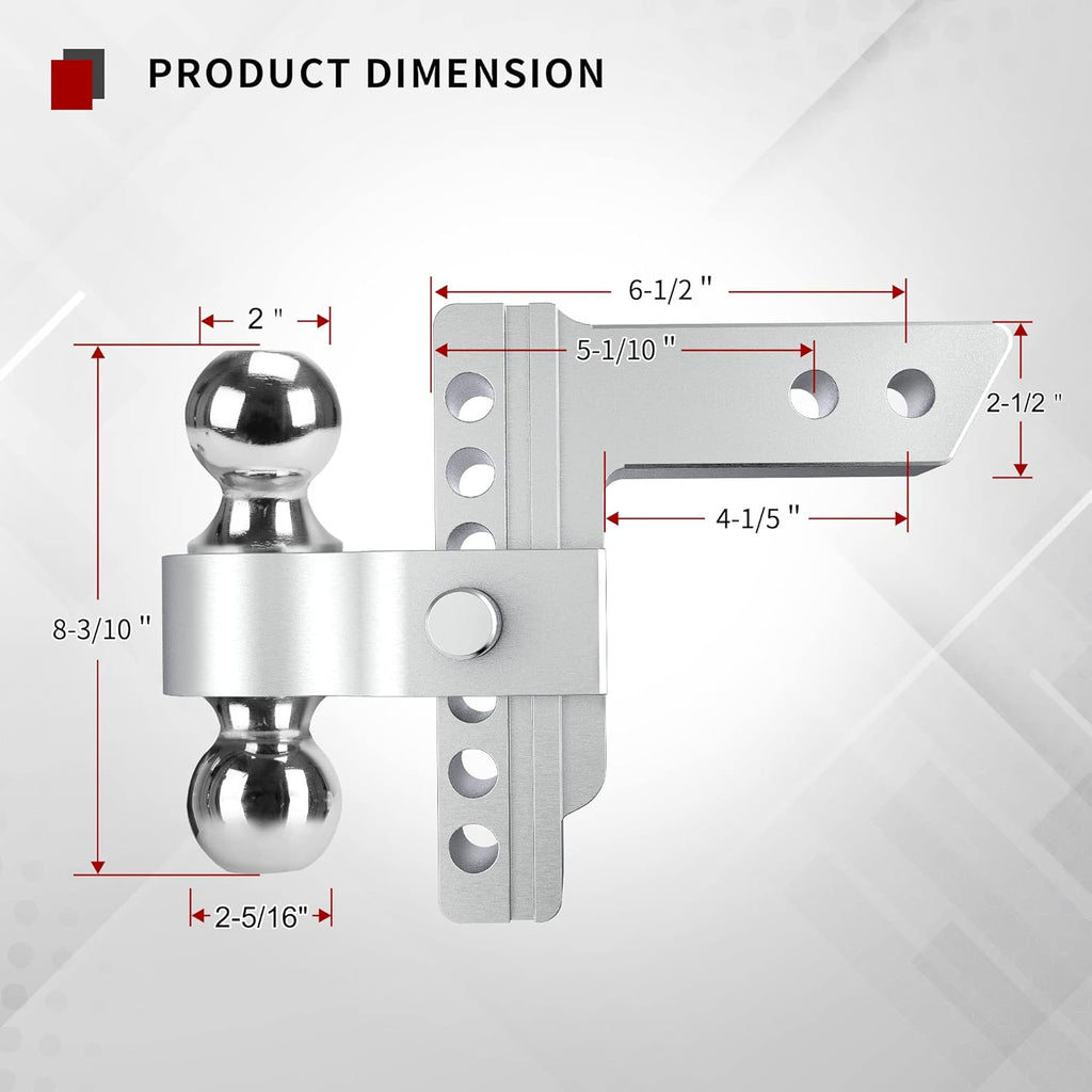Adjustable Trailer Hitch Ball Mount, 2.5-Inch Receiver, 6-Inch Drop, Forged Aluminum Shank, 2-Inch and 2-5/16-Inch Combo Stainless Steel Tow Balls with Double Pin Key Locks M387