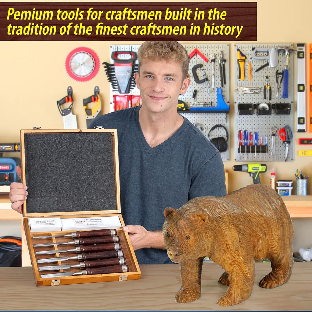 8 Piece Wood Chisel Set with Walnut Handles Chrome Vanadium Blades Sharpening Stone Honing Guide Wooden Storage Case O974