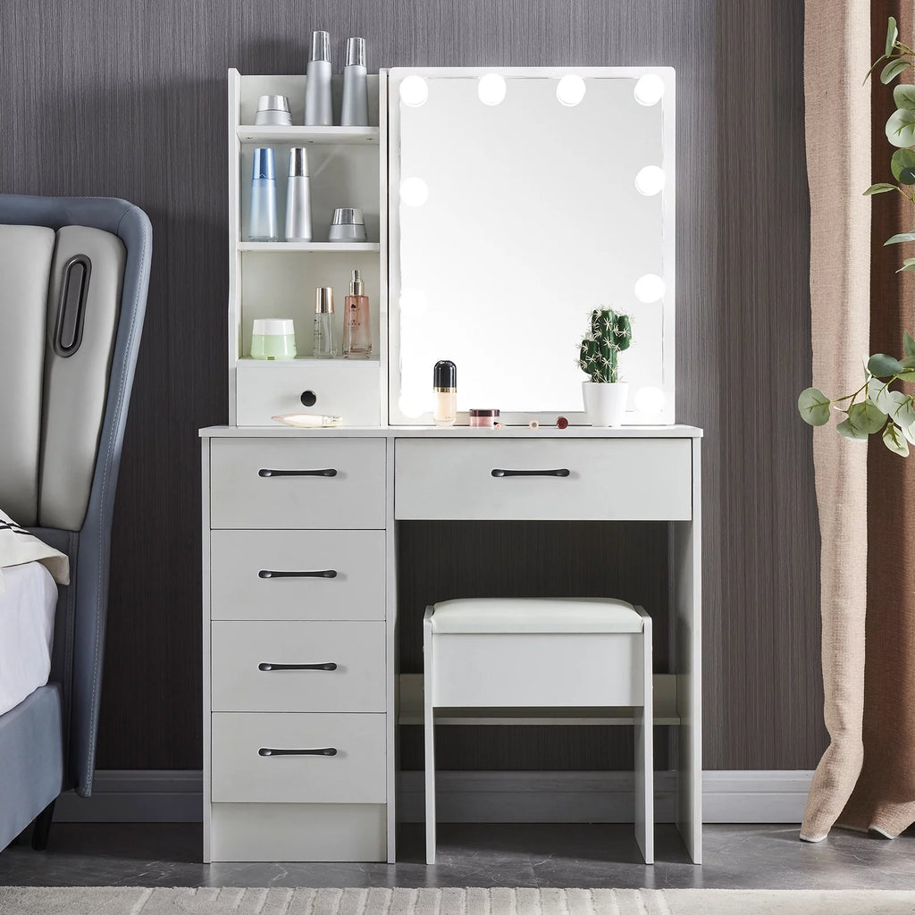 White Vanity Table with Lighted Mirror and Stool T2249