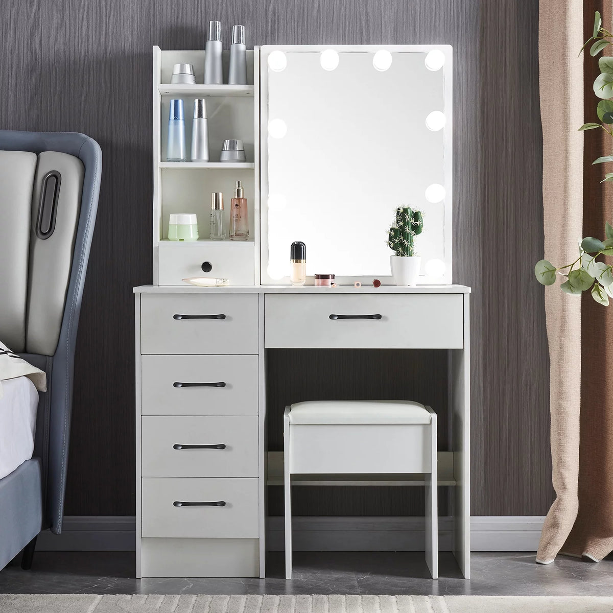 White Vanity Table with Lighted Mirror and Stool T2249