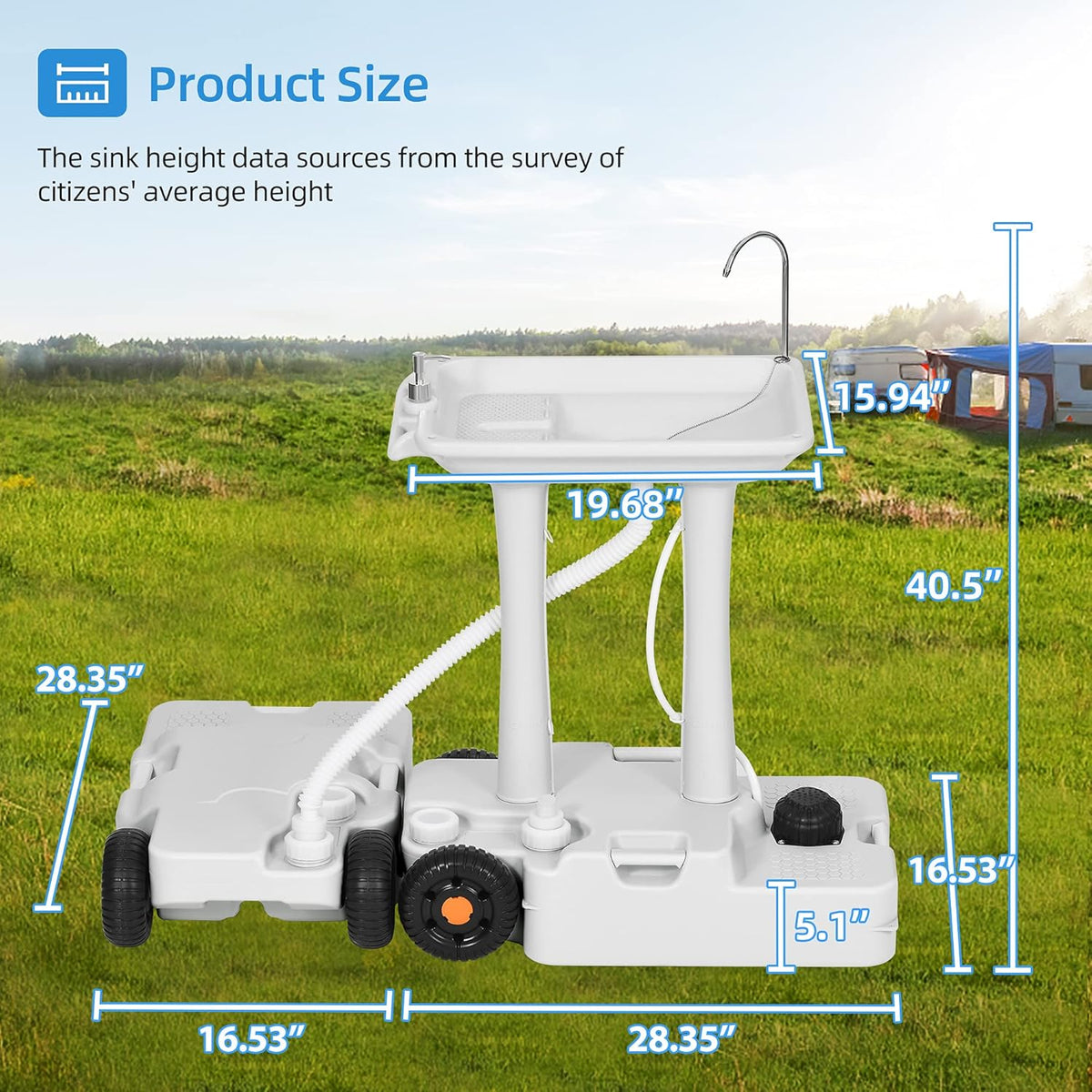 Portable Sink Camping 30 L with Rolling Wheels, Hand Washing Station with 30 L Sewage Tank L581