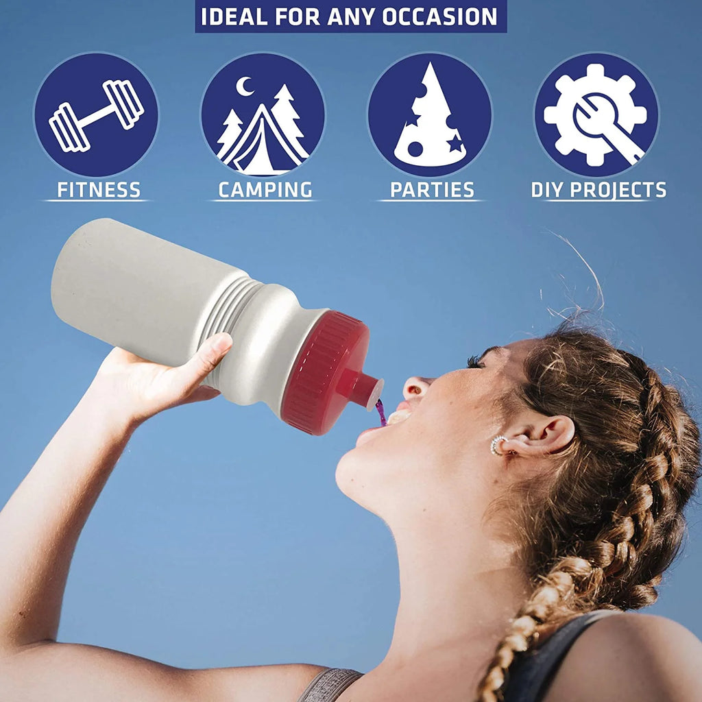 20 oz Sports Water Bottles 6 Pack Reusable No BPA Plastic Pull Top Leakproof Drink Spout White Bottle Red Lids M443