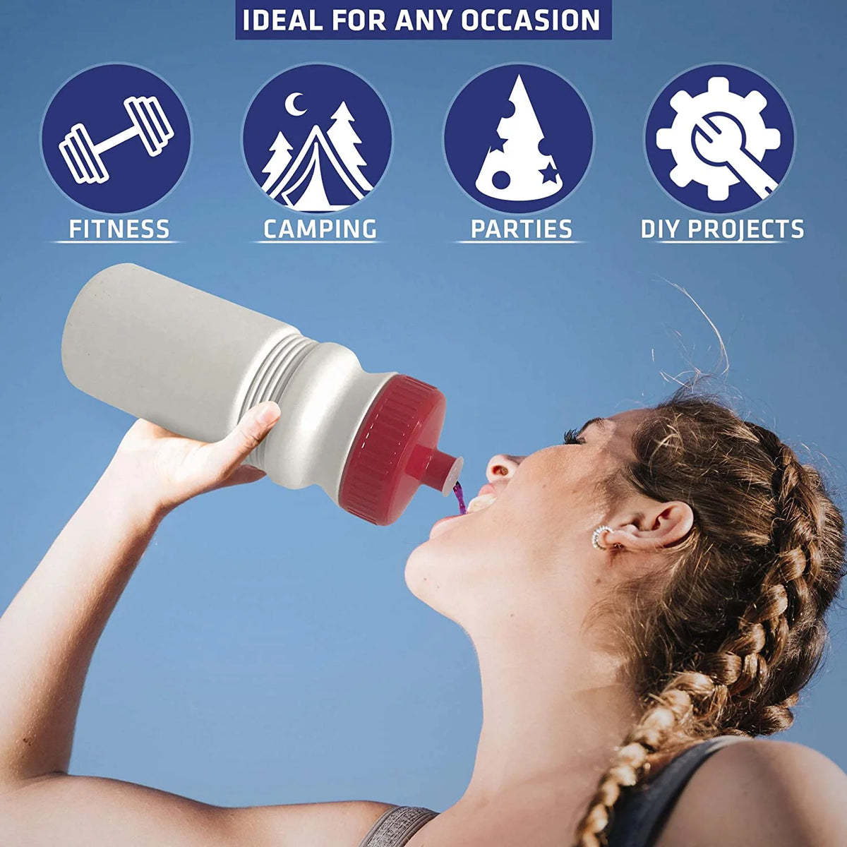 20 oz Sports Water Bottles 6 Pack Reusable No BPA Plastic Pull Top Leakproof Drink Spout White Bottle Red Lids M443