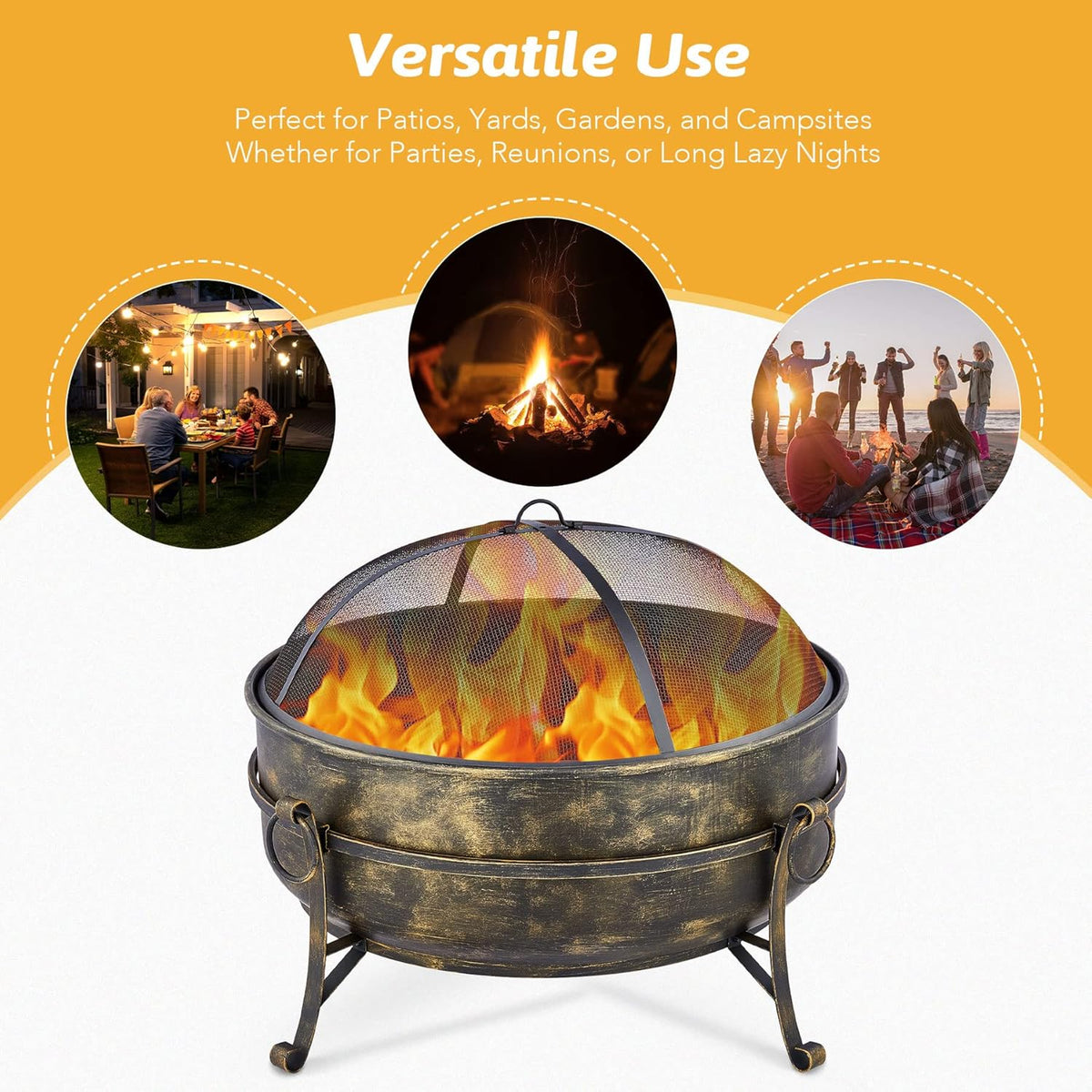 31-Inch Round Wood Burning Fire Pit with Metal Grate, Screen, Poker O71024