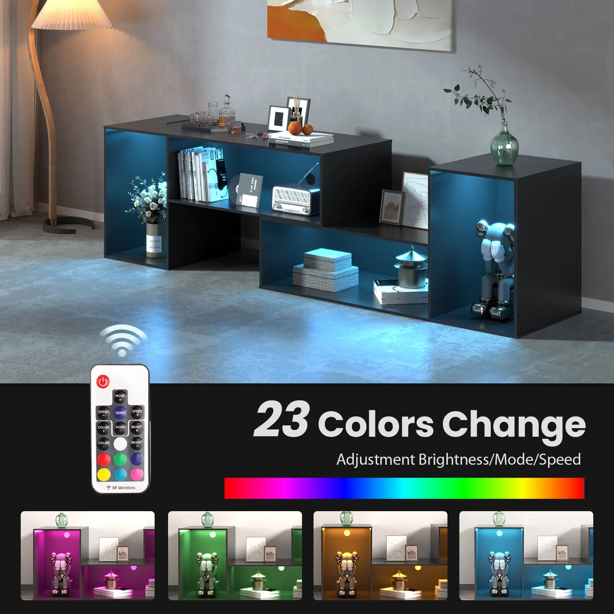 Black TV Stand with Power Strip and Storage Shelves P5149