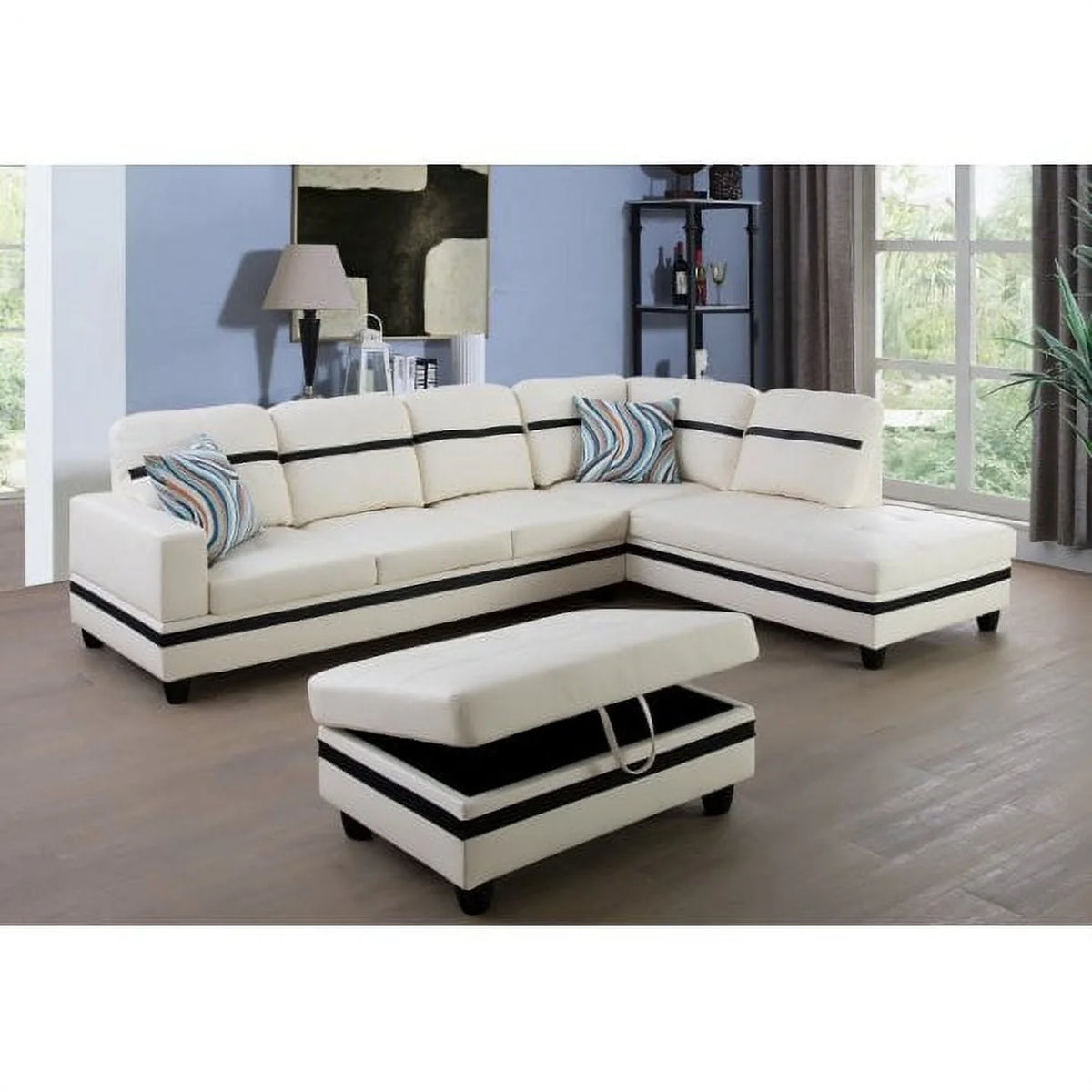 White Faux Leather Left Hand Facing Sofa & Chaise with Ottoman Z666172