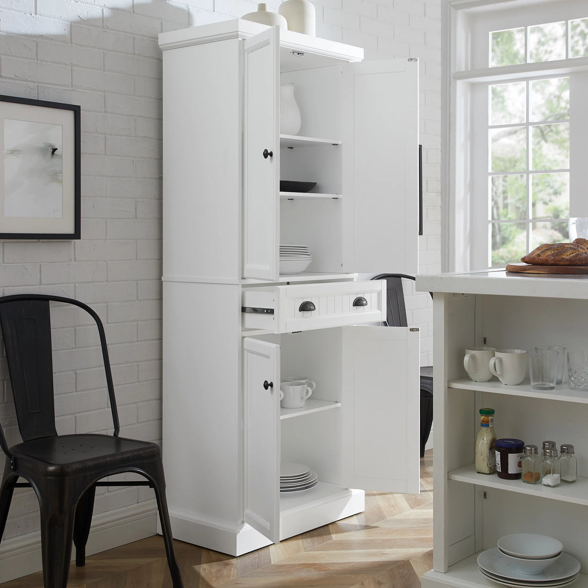 Distressed White Black Wood Pantry W8566