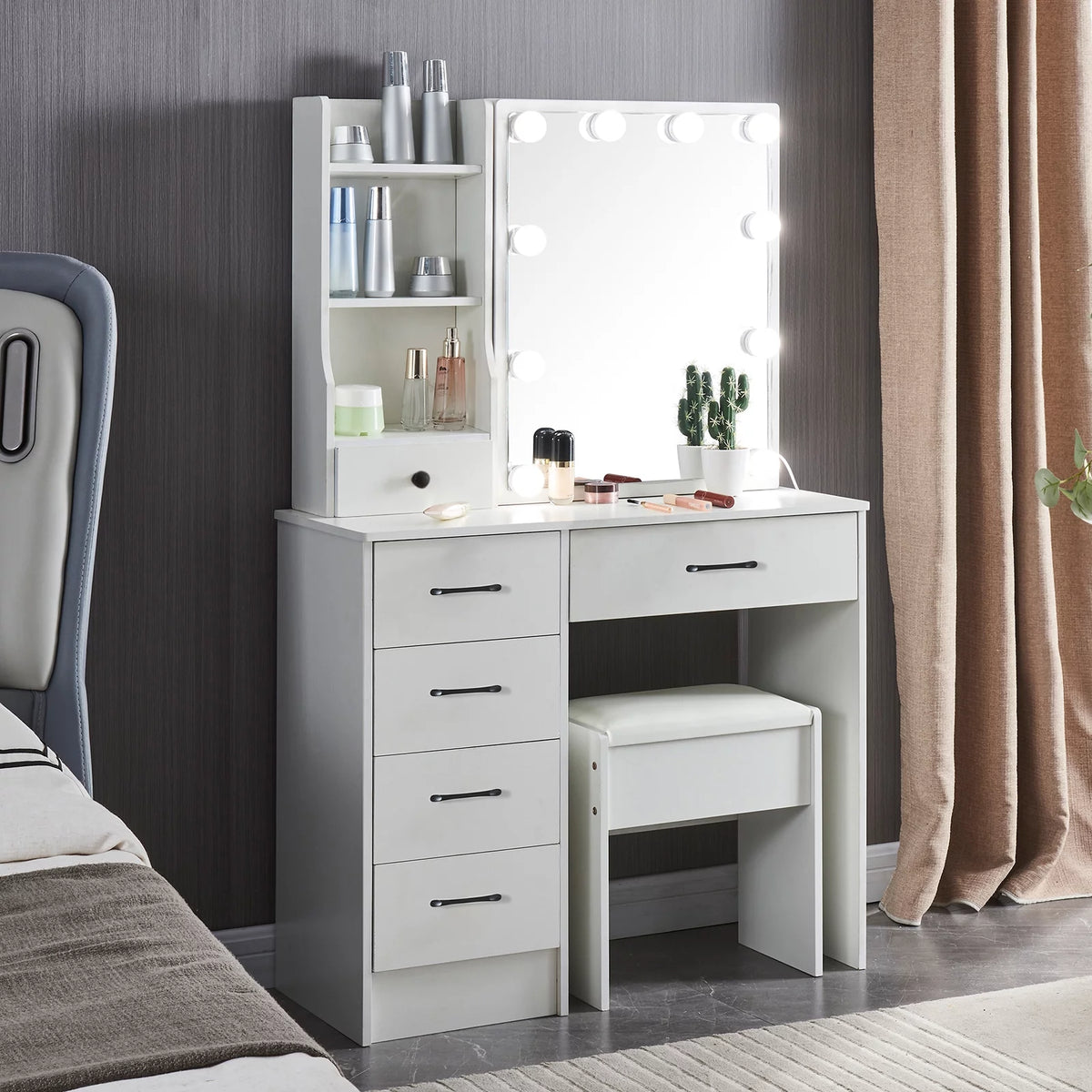 White Vanity Table with Lighted Mirror and Stool T2249