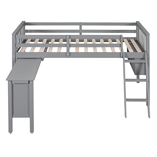 White Full Size Low Loft Bed with Desk and Chair Z6804