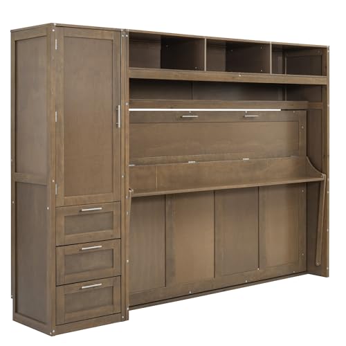 Antique Grey Full Solid Wood Murphy Bed with Wardrobe and Storage Drawers V270257