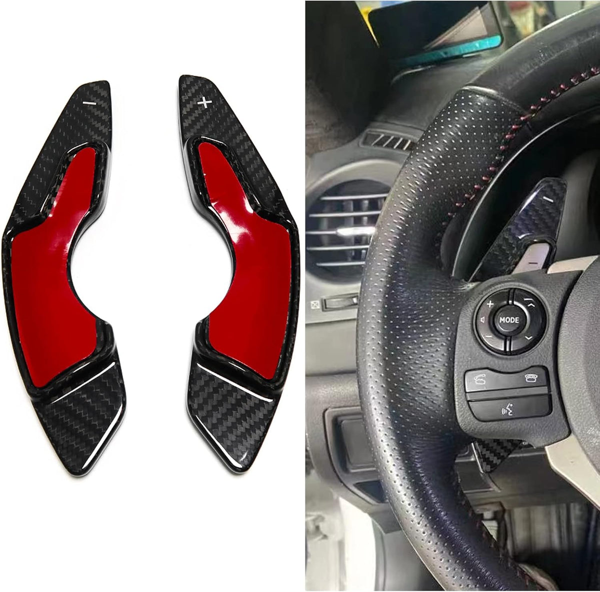 2pcs Real Carbon Fiber Steering Wheel Paddle Shift Extensions (Red, Black) P813449