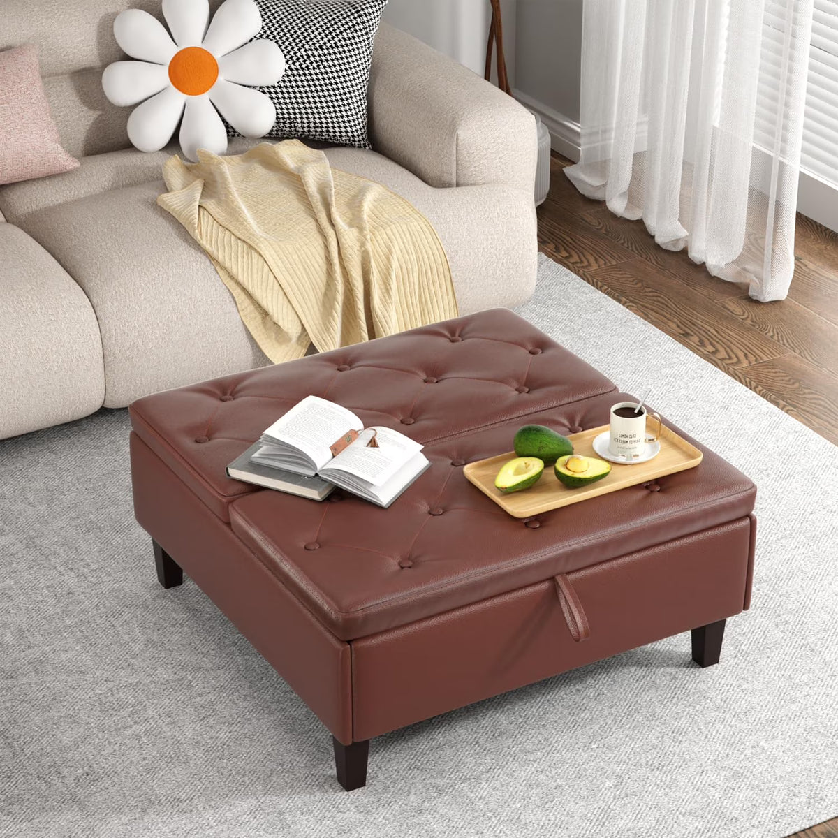Dark Brown Faux Leather Square Storage Ottoman T256