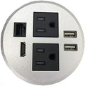 Round Top Power Grommet with 2 AC Plugs, 2 USB Ports, 1 CAT6 Port, 1 HDMI Port, Silver, Pack of 2 J385255