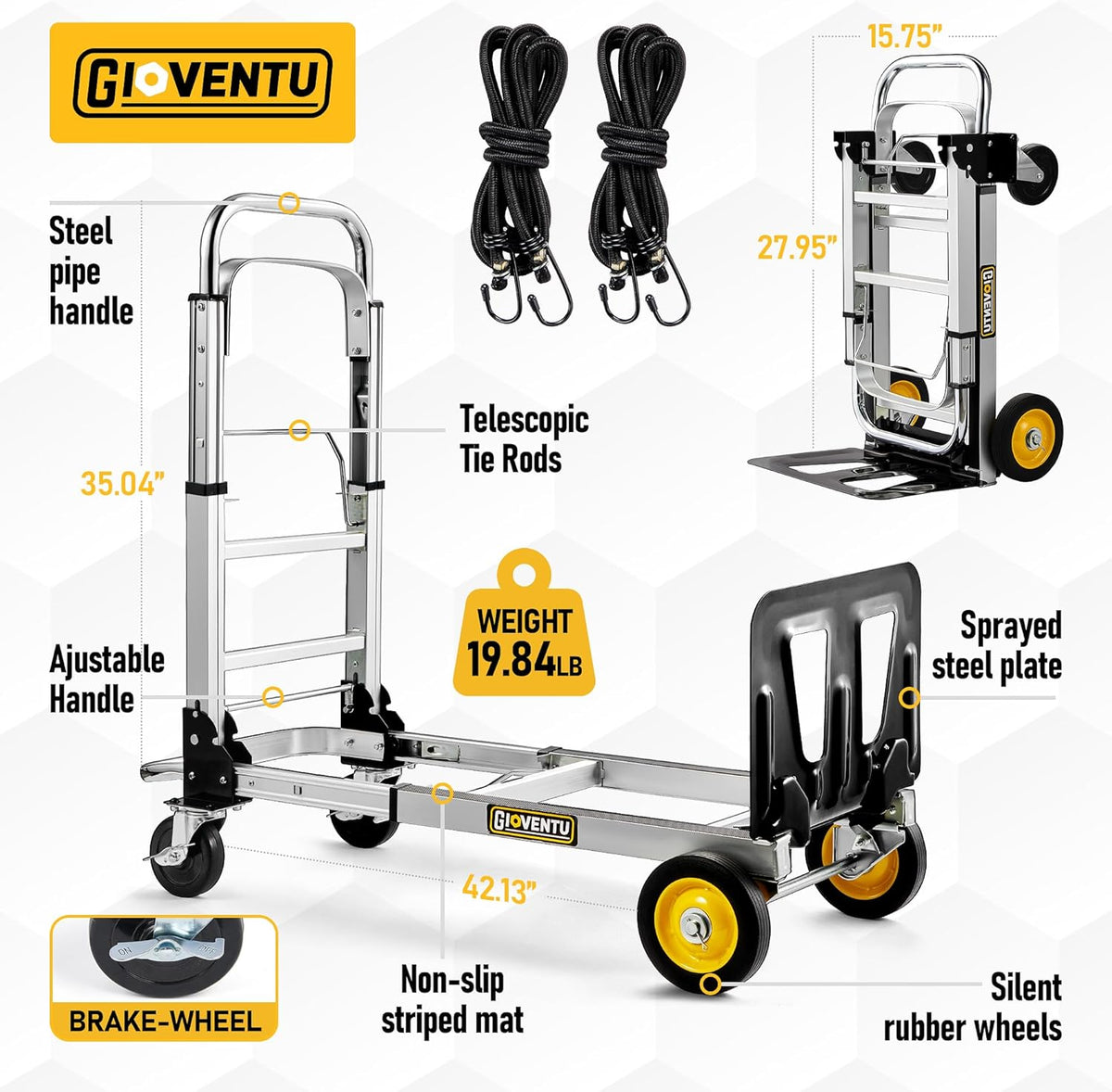 3 in 1 Convertible Hand Truck Dolly, 440 lb Capacity Folding Aluminum Dolly with Rubber Brake-Wheels X74979