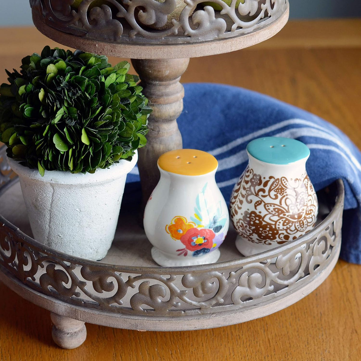 Rustic Nut Brown Wood and Metal Tier Stand R6525
