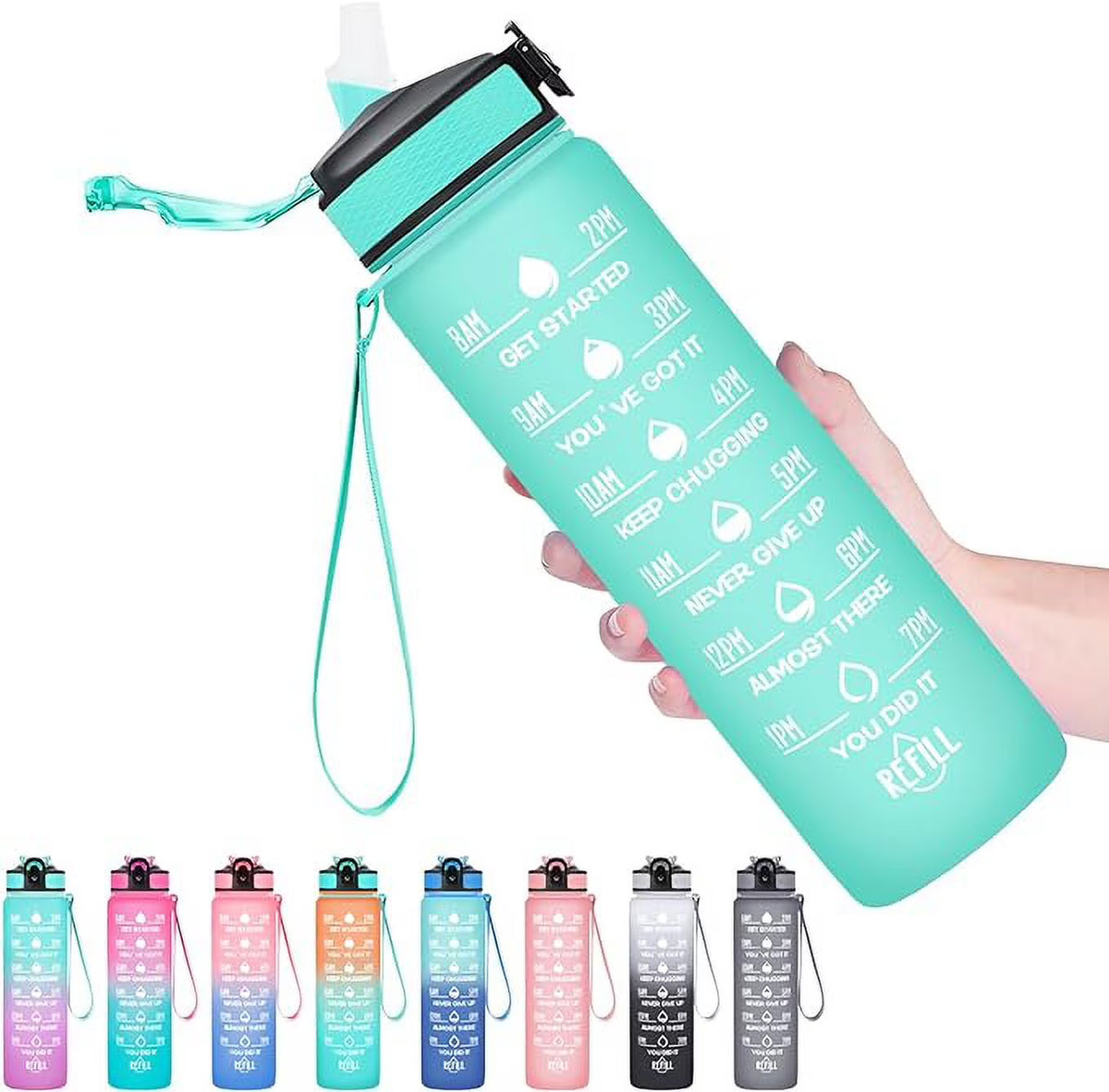 32 oz Motivational Water Bottle with Straw, Time Marker, Leakproof BPA Free J195555