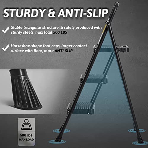 3 Step Folding Steel Step Ladder with Handgrip, 500 Lbs, Black C729