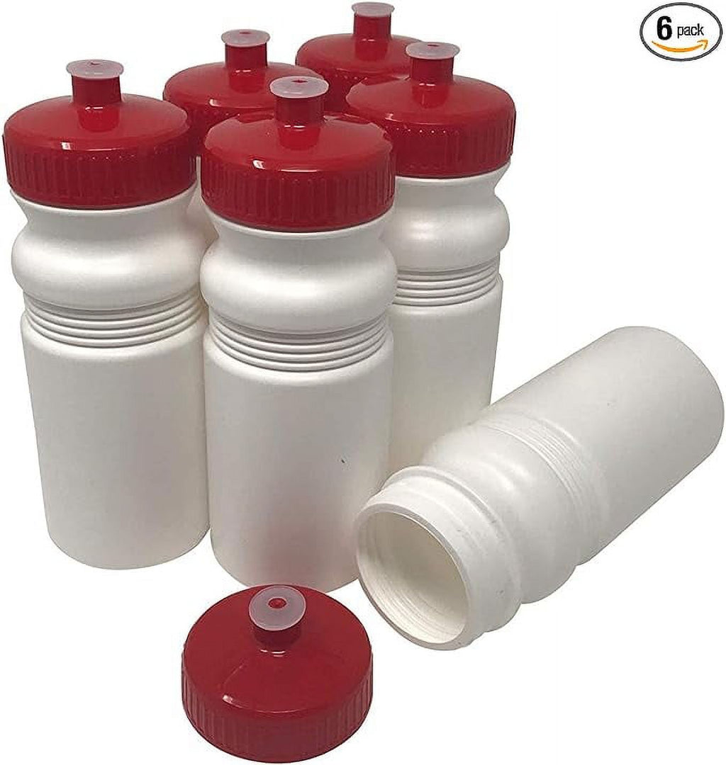 20 oz Sports Water Bottles 6 Pack Reusable No BPA Plastic Pull Top Leakproof Drink Spout White Bottle Red Lids M443
