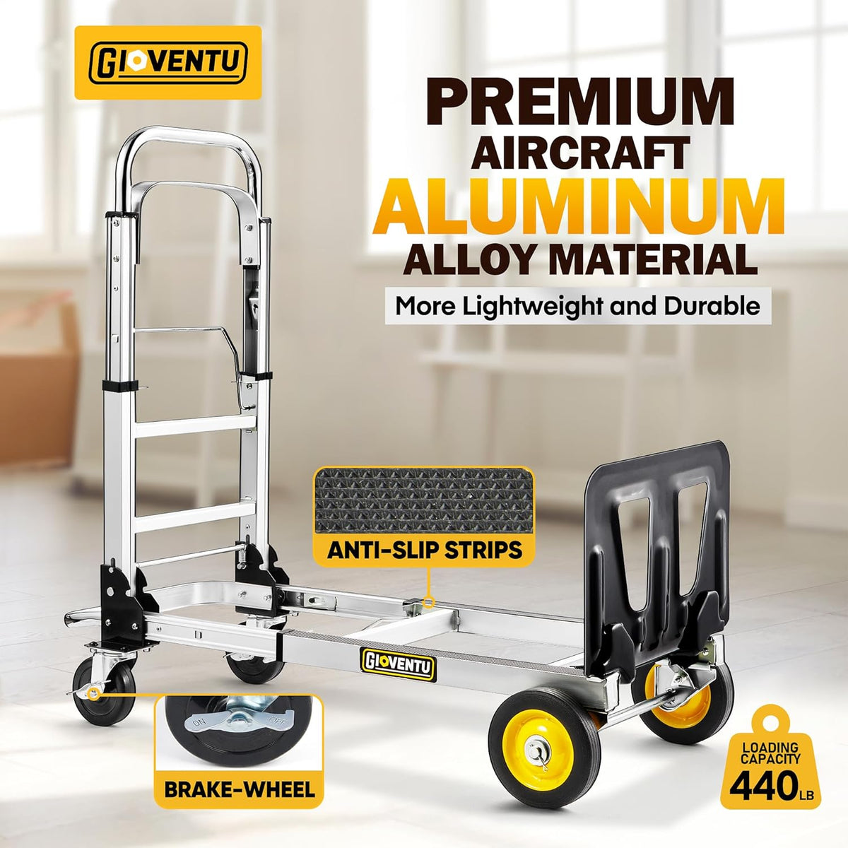 3 in 1 Convertible Hand Truck Dolly, 440 lb Capacity Folding Aluminum Dolly with Rubber Brake-Wheels X74979