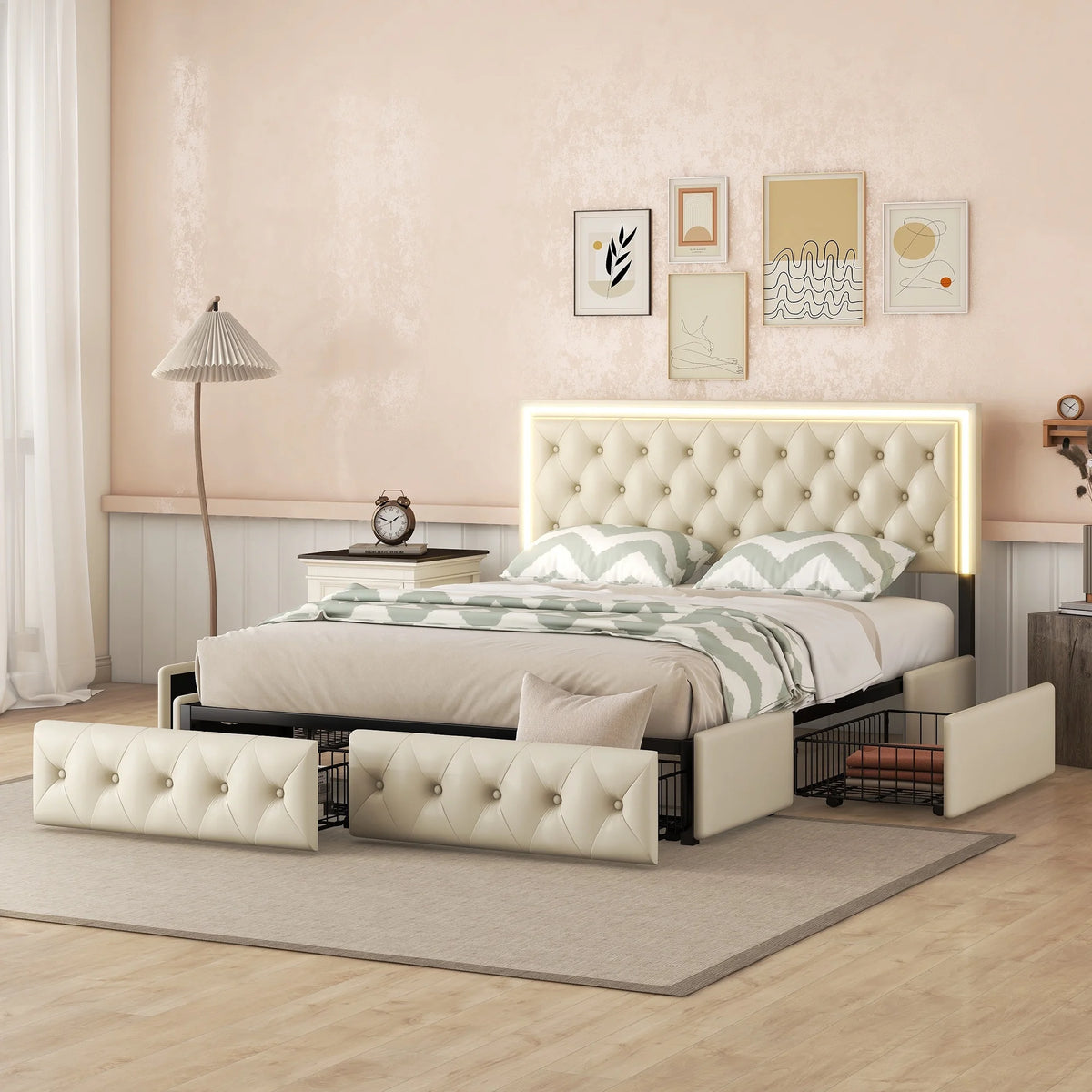 Beige Queen Upholstered Bed Frame with 4 Storage Drawers A616