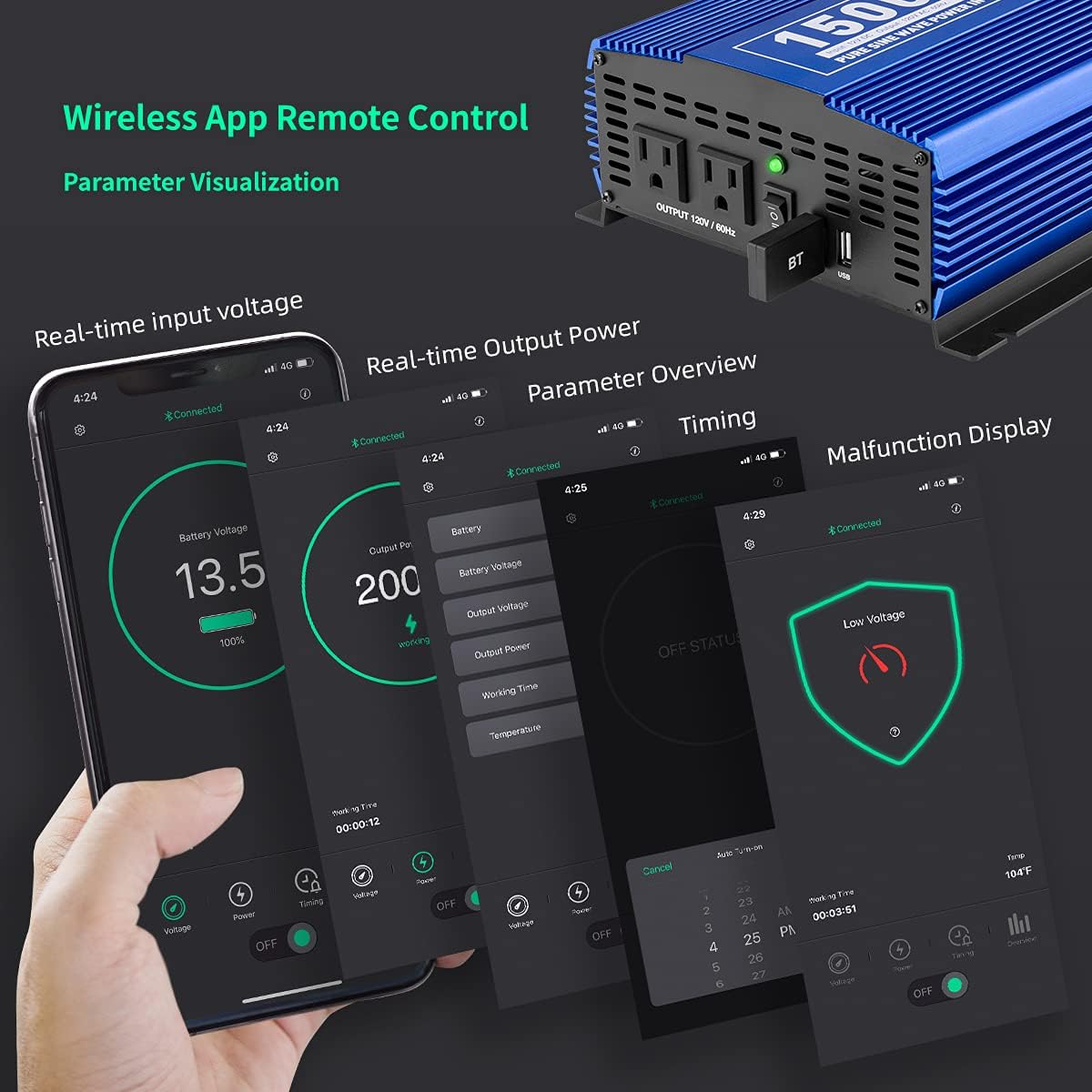 1500W Pure Sine Wave Power Inverter 12V DC to 110V AC with Bluetooth V586277