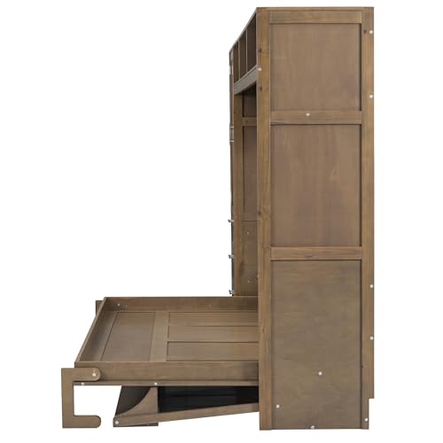 Antique Grey Full Solid Wood Murphy Bed with Wardrobe and Storage Drawers V270257