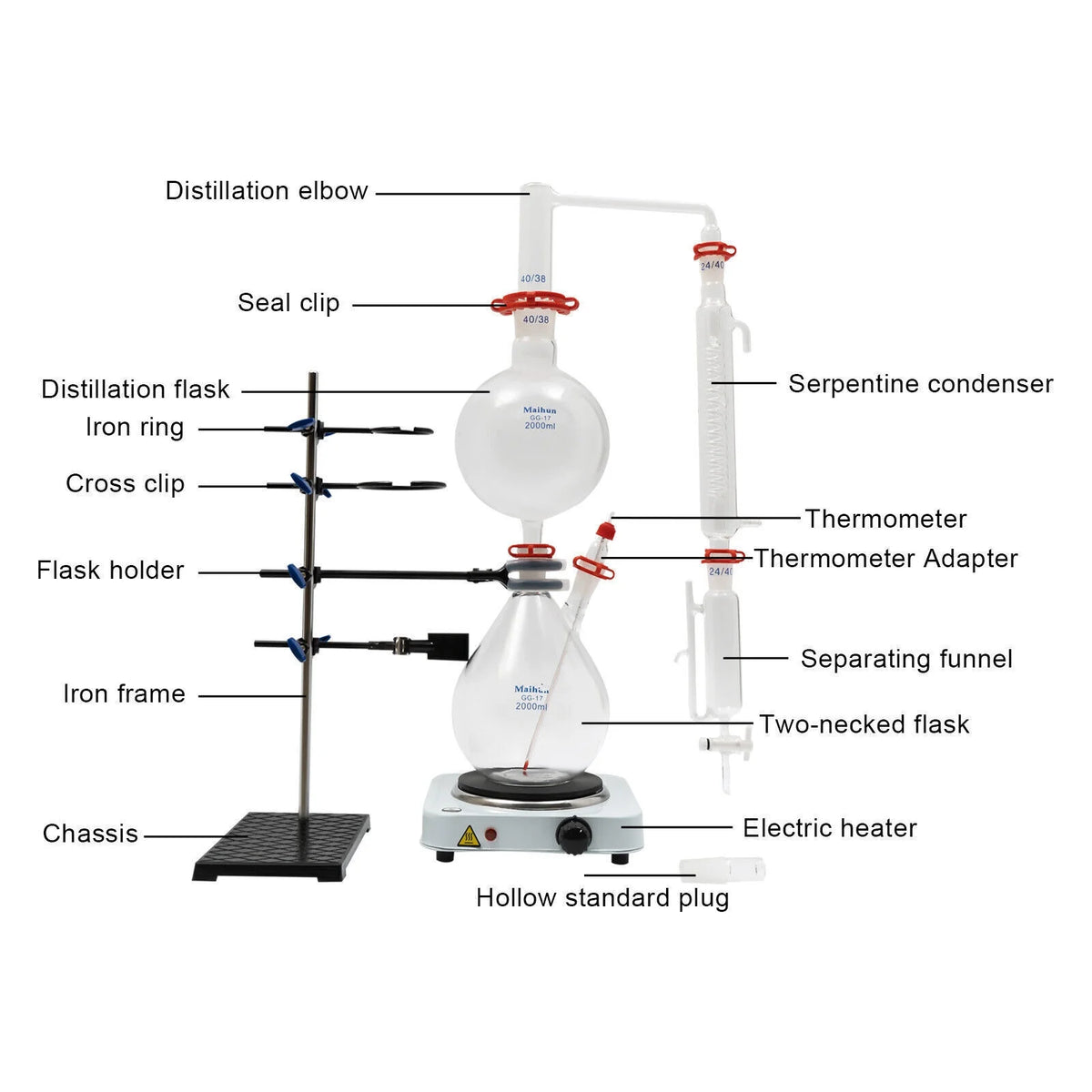 1000W 110V 2000ML Glass Distillation Kit with Condenser and Hot Stove O354394