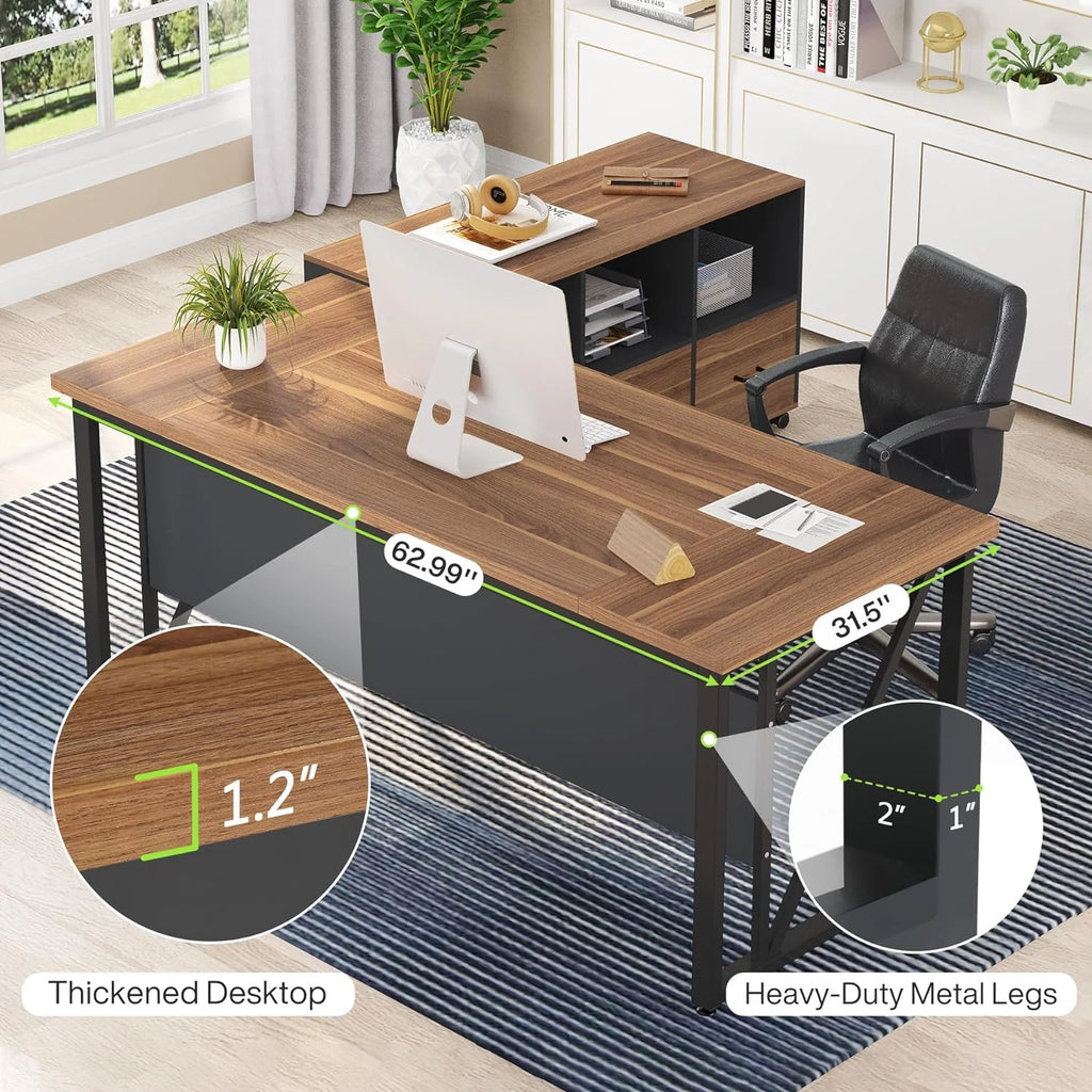 63 inches L-Shaped Computer Desk with Drawers and Storage Shelves T593668