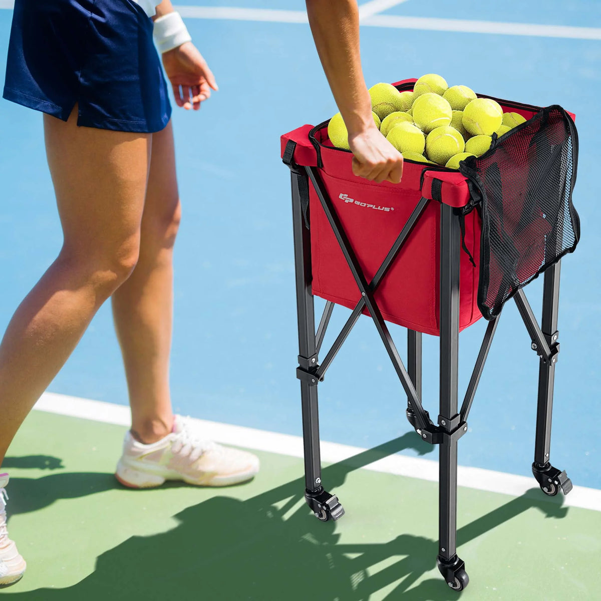Foldable Tennis Ball Hopper Basket with Wheels & Bag Blue L3414