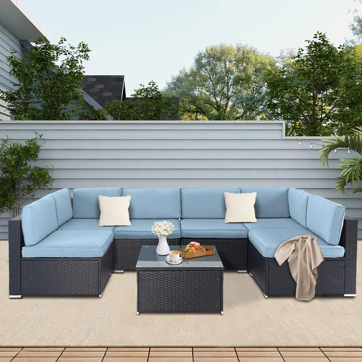 Black Wicker Rattan 7-piece Sectional Sofa Set Z187
