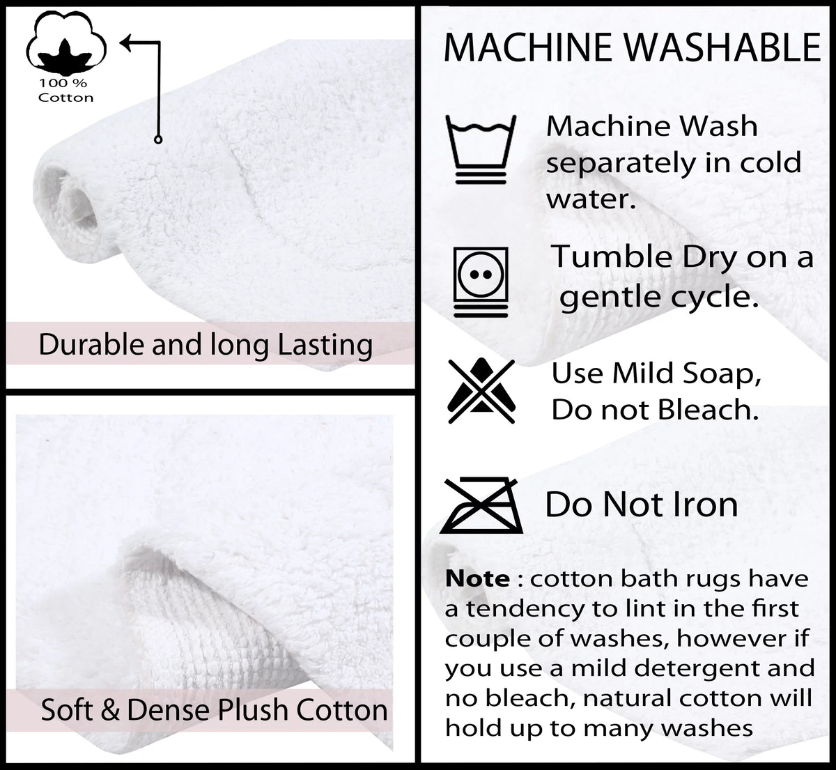 100% Cotton Tufted Non-Slip Machine Washable Bath Rug, 22"x60" White Y872