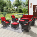 Red 8 Piece Patio Furniture Set with Sofa, Swivel Rocking Chairs, Ottomans, Side Table W3340