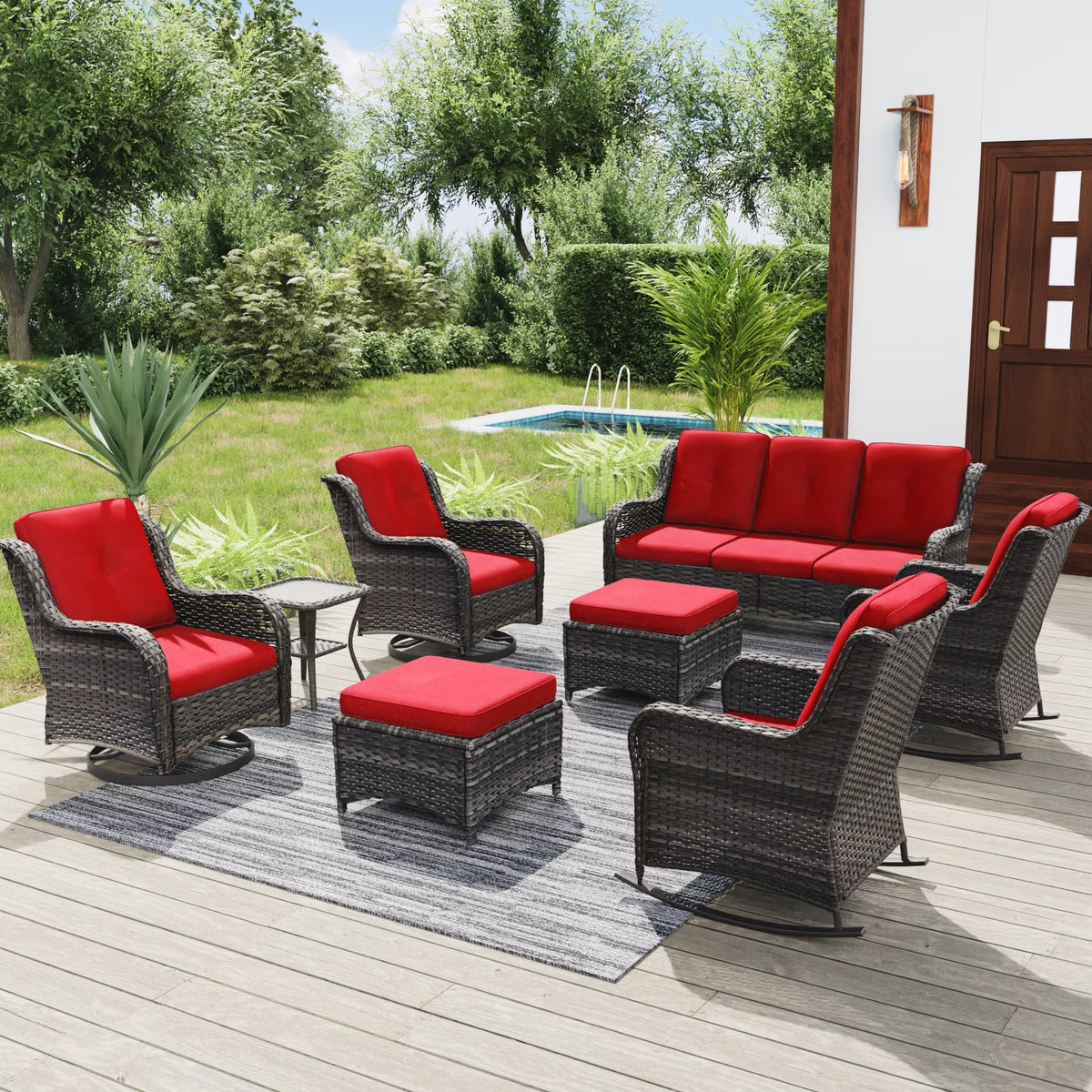 Red 8 Piece Patio Furniture Set with Sofa, Swivel Rocking Chairs, Ottomans, Side Table W3340
