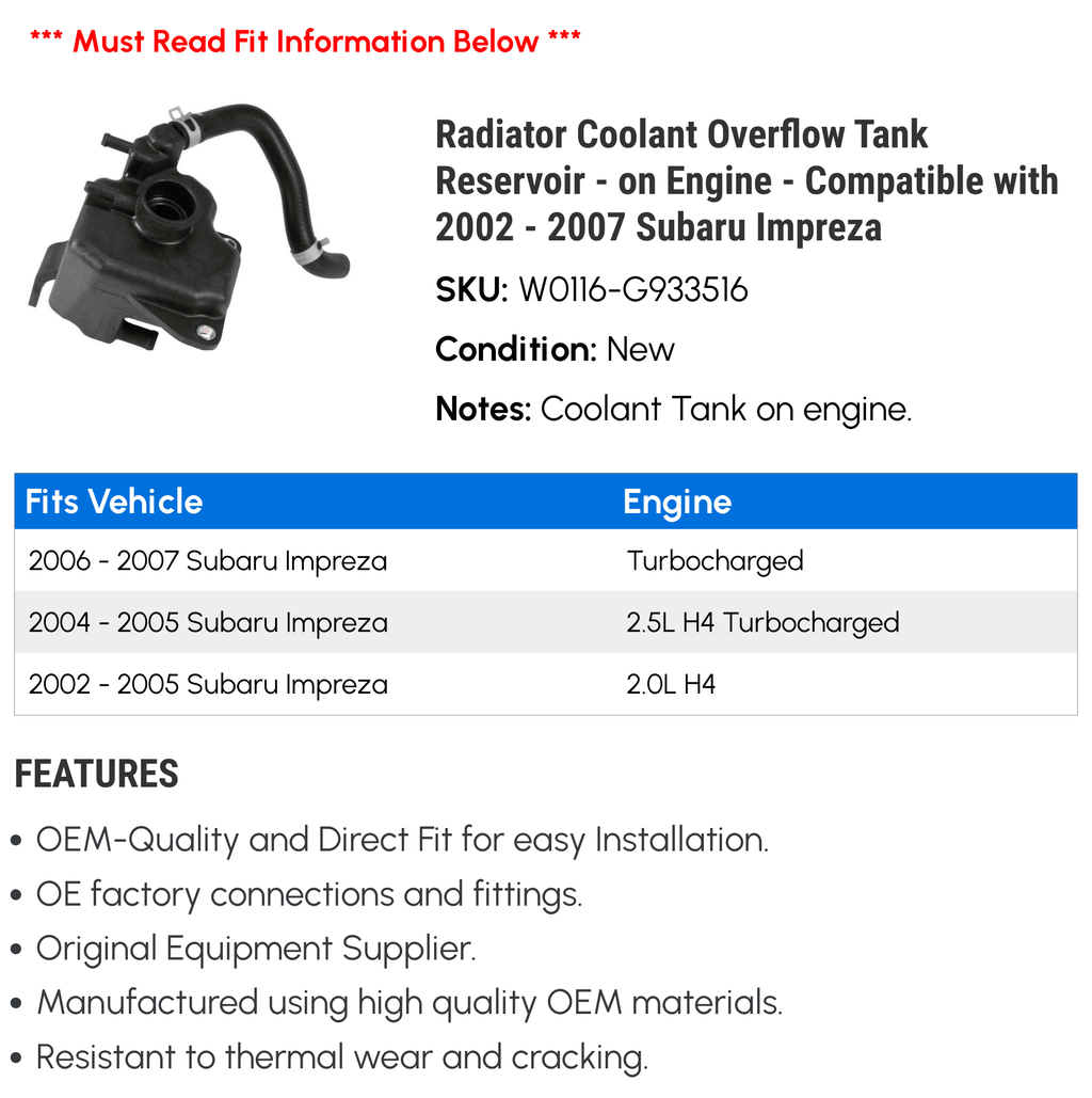 Radiator Coolant Overflow Tank Reservoir Y99391