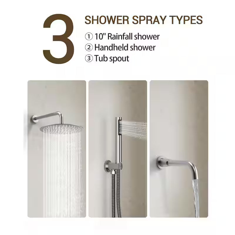 10 in. 3-Spray Wall Mount Shower Head and Tub Faucet 2.5 GPM Brushed Nickel A789